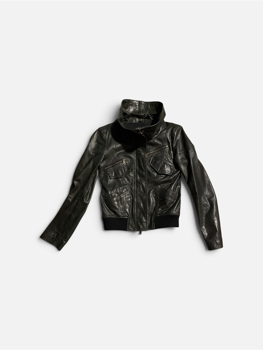 Women’s Theory leather bomber jacket with funnel neck collar